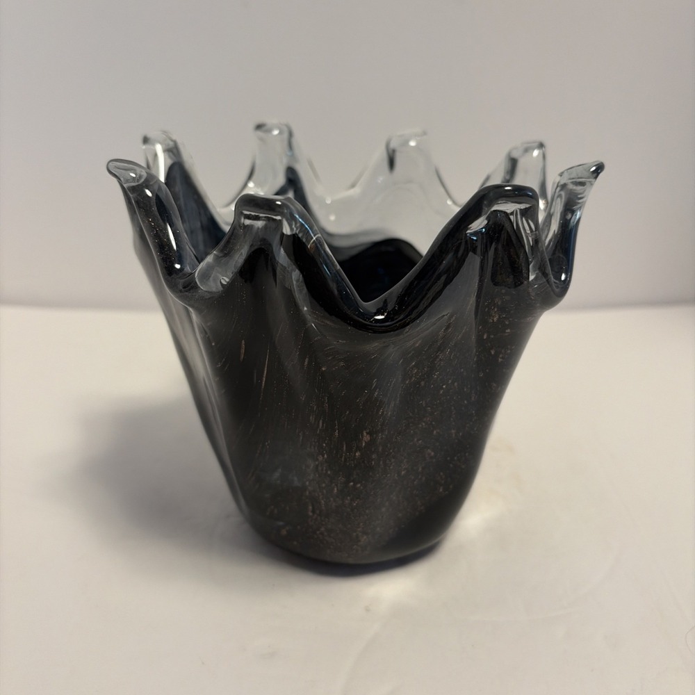 Murano Style Art Glass Black Copper Speckled Vase 5" Tall Halloween Bowl Vase